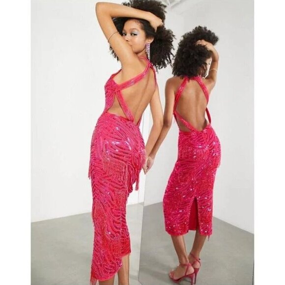 ASOS Pearl And Fringe Halter Midi Dress in Pink Size US 6 - Picture 15 of 15